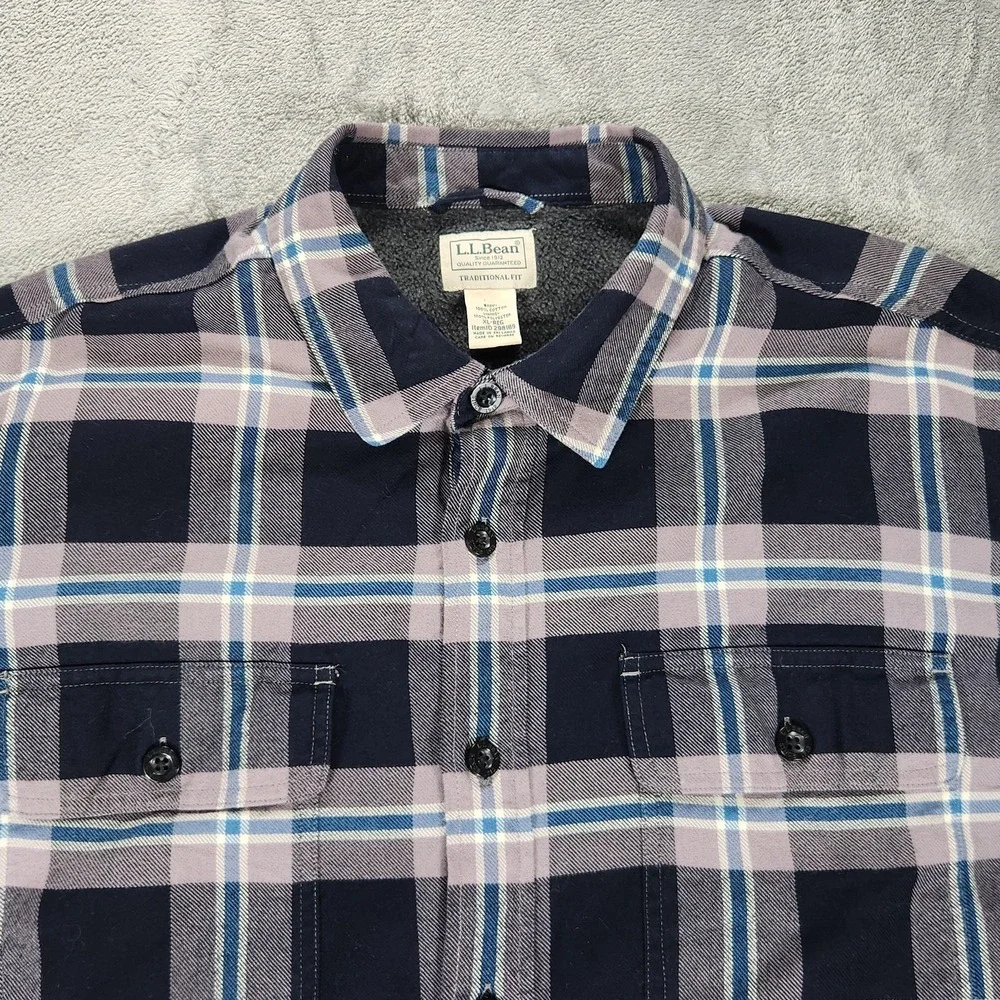 LL Bean Shirt Jacket Mens XL Blue Plaid Fleece Lined Flannel Traditional Fit